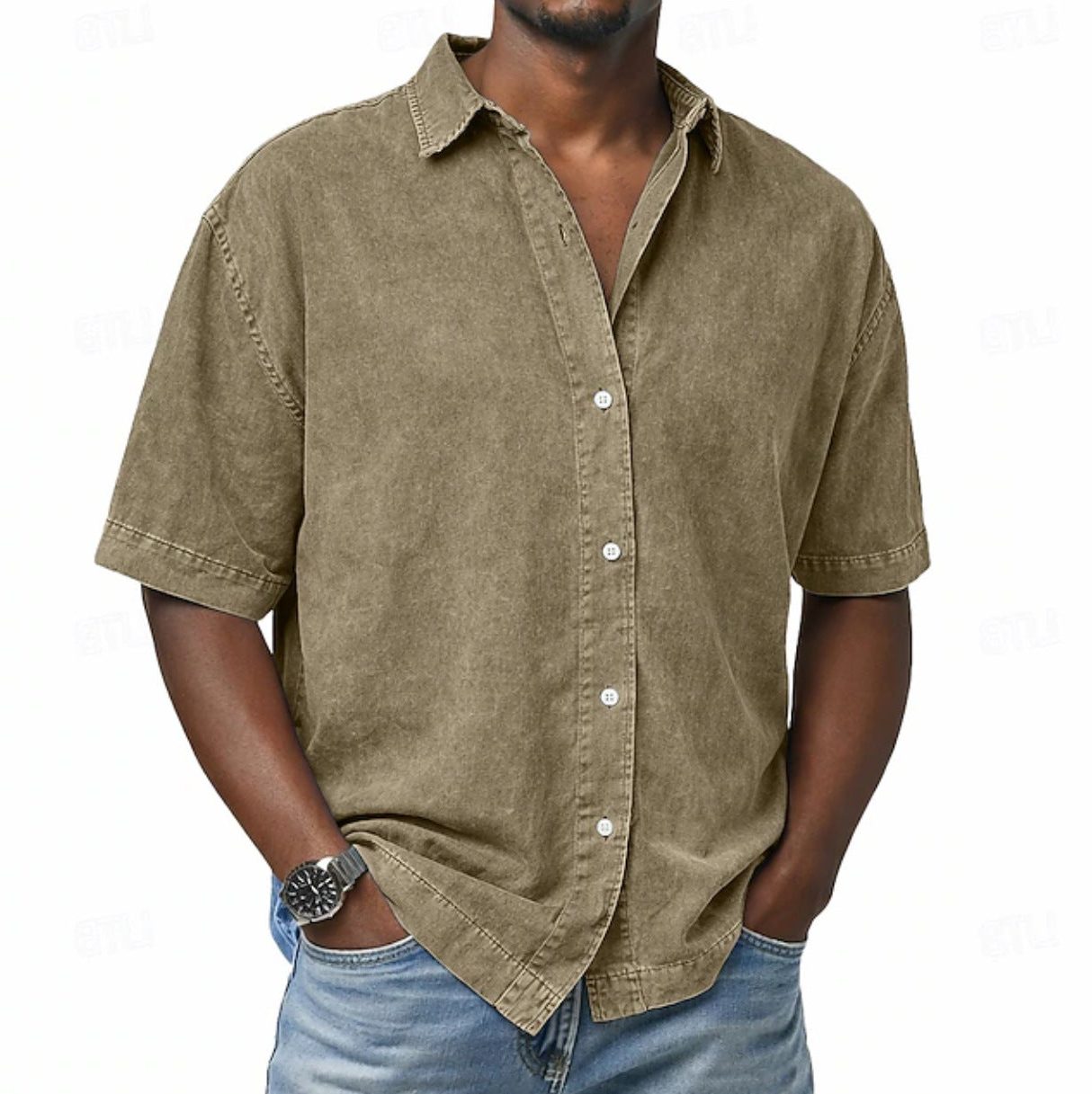 Short Sleeve Button-Down Denim Shirt for Men - Khaki
