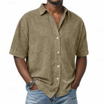 Short Sleeve Button-Down Denim Shirt for Men - Khaki