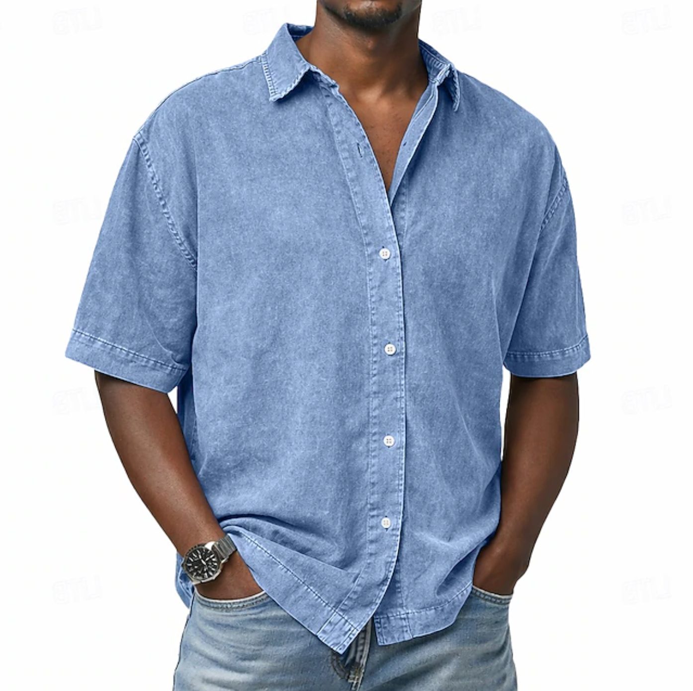 Short Sleeve Button-Down Denim Shirt for Men - Light Blue