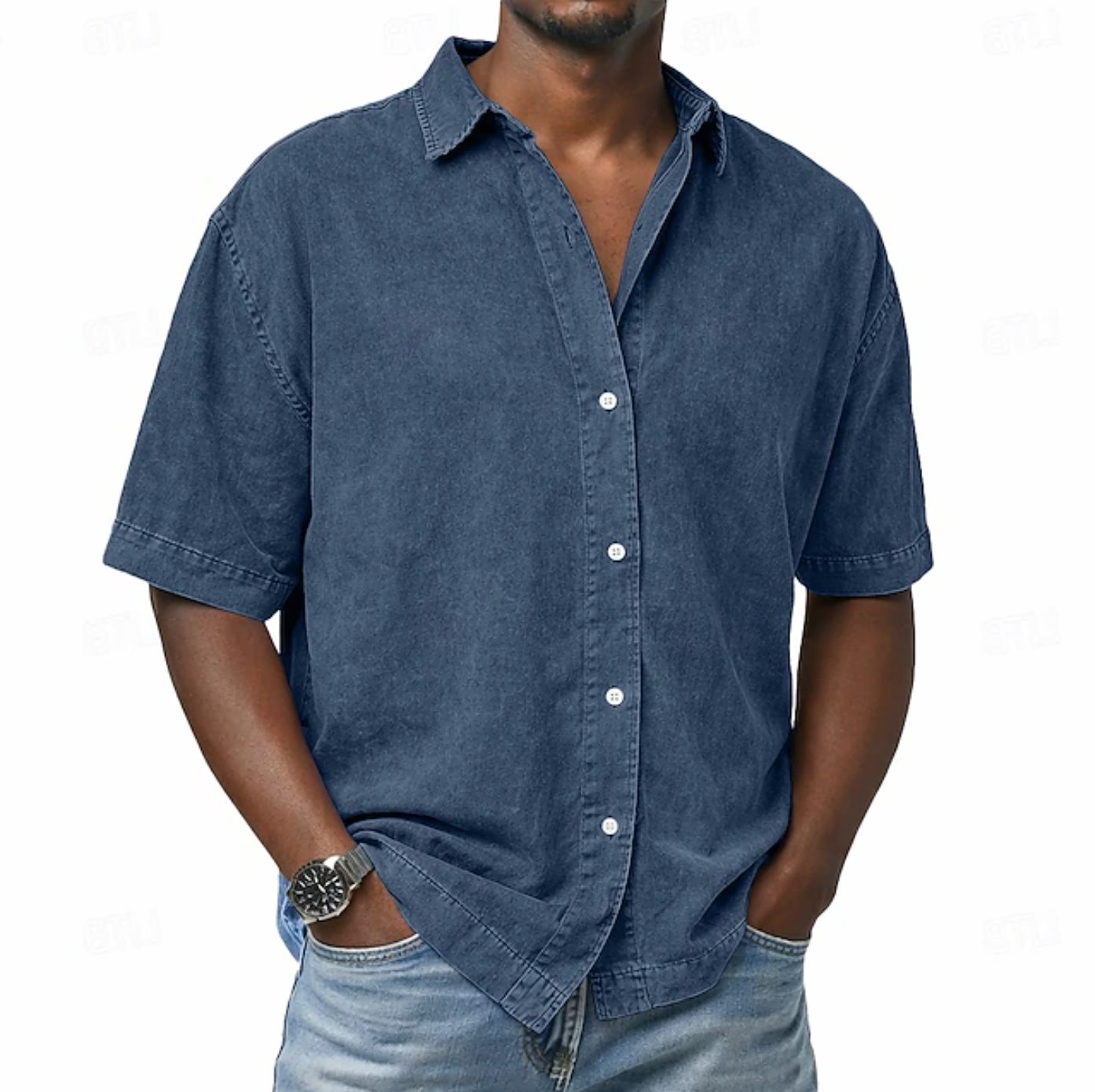 Short Sleeve Button-Down Denim Shirt for Men - Dark Blue