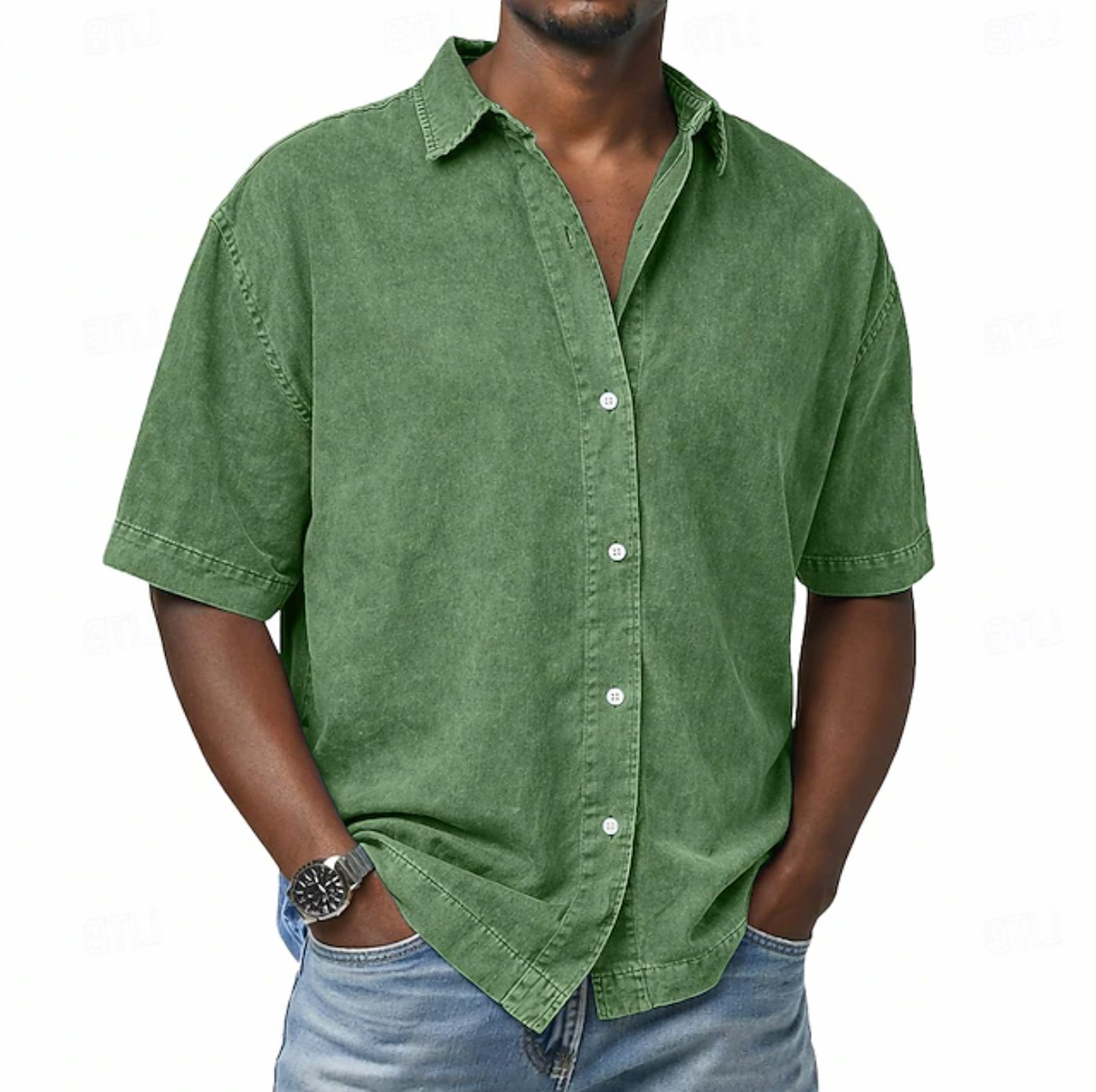 Short Sleeve Button-Down Denim Shirt for Men - Light Green