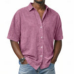 Short Sleeve Button-Down Denim Shirt for Men - Pink