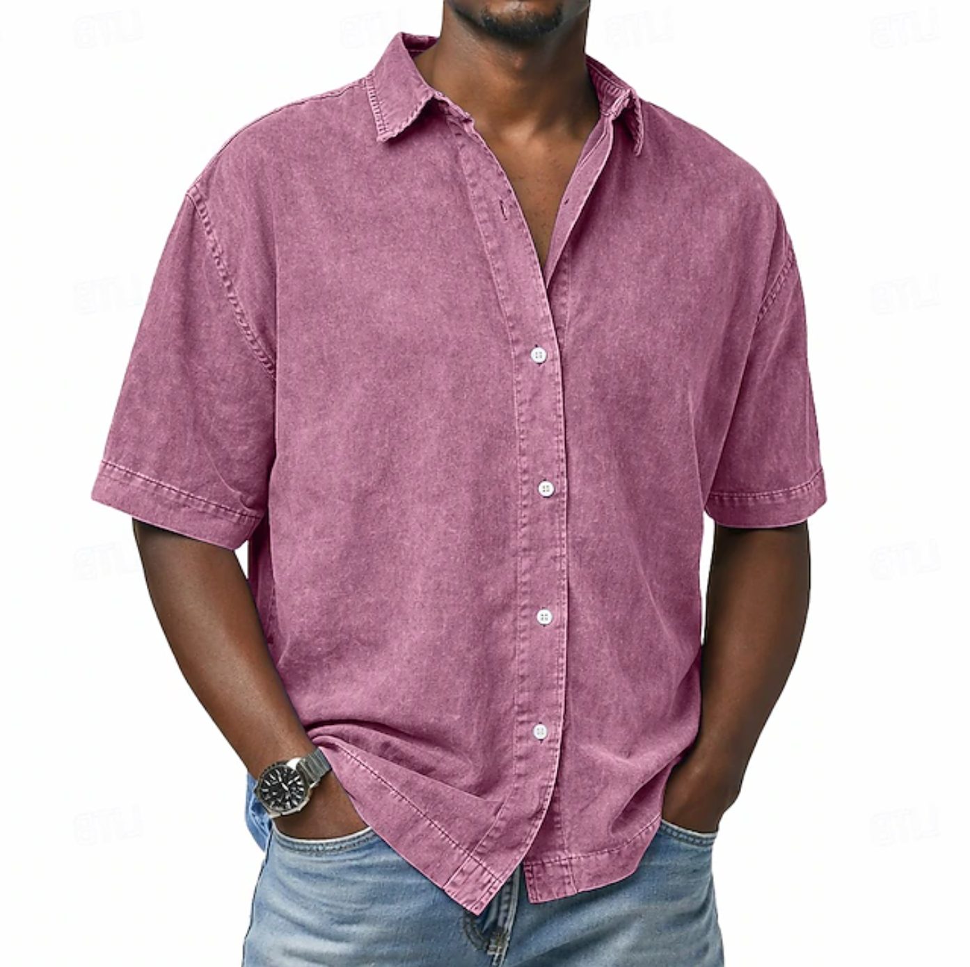 Short Sleeve Button-Down Denim Shirt for Men - Pink