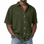 Short Sleeve Button-Down Denim Shirt for Men - Dark Green