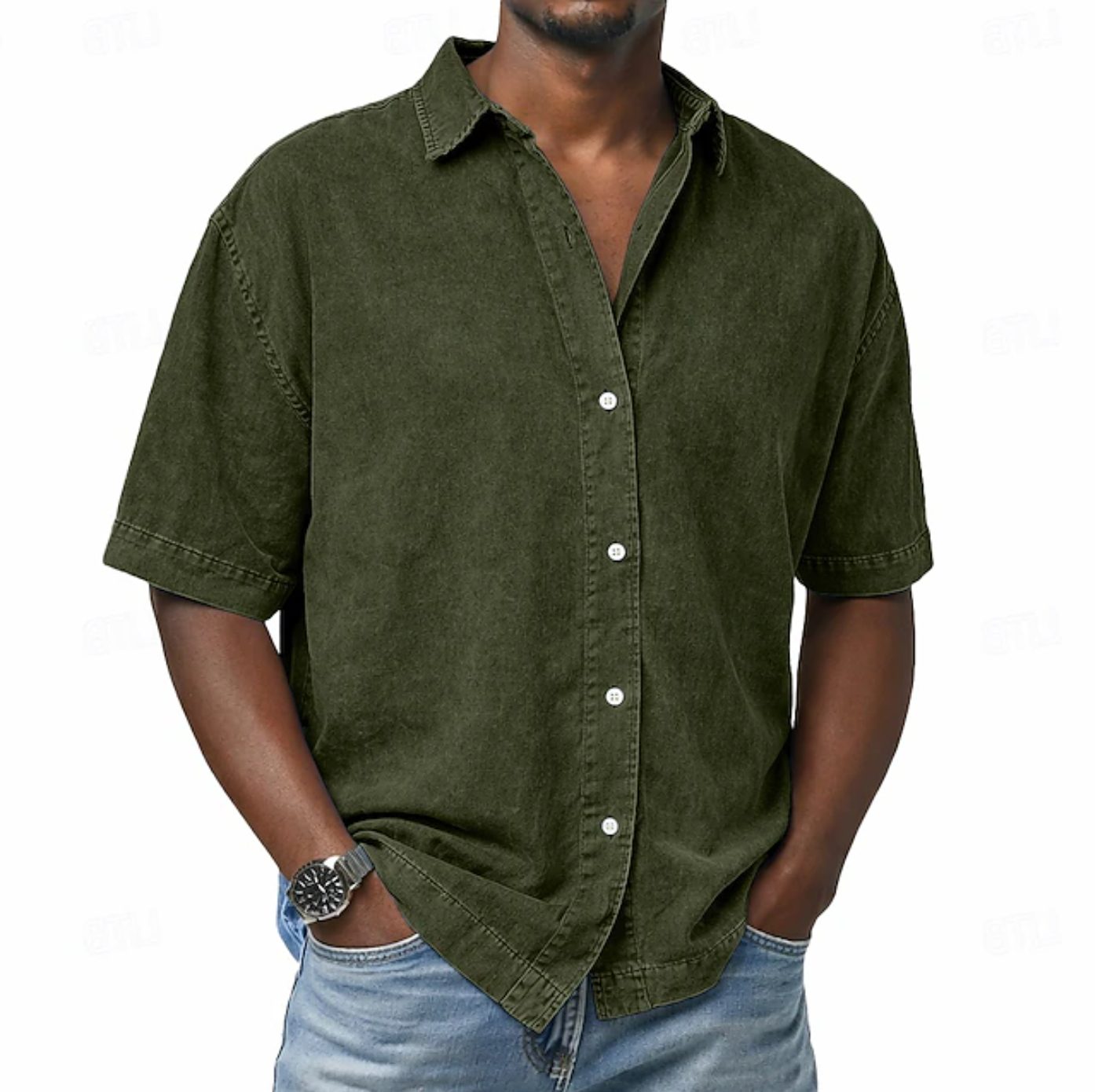 Short Sleeve Button-Down Denim Shirt for Men - Dark Green