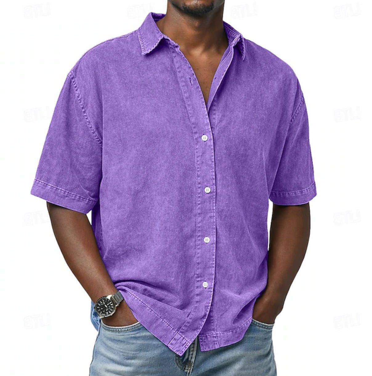Short Sleeve Button-Down Denim Shirt for Men - Purple