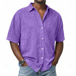 Short Sleeve Button-Down Denim Shirt for Men - Purple