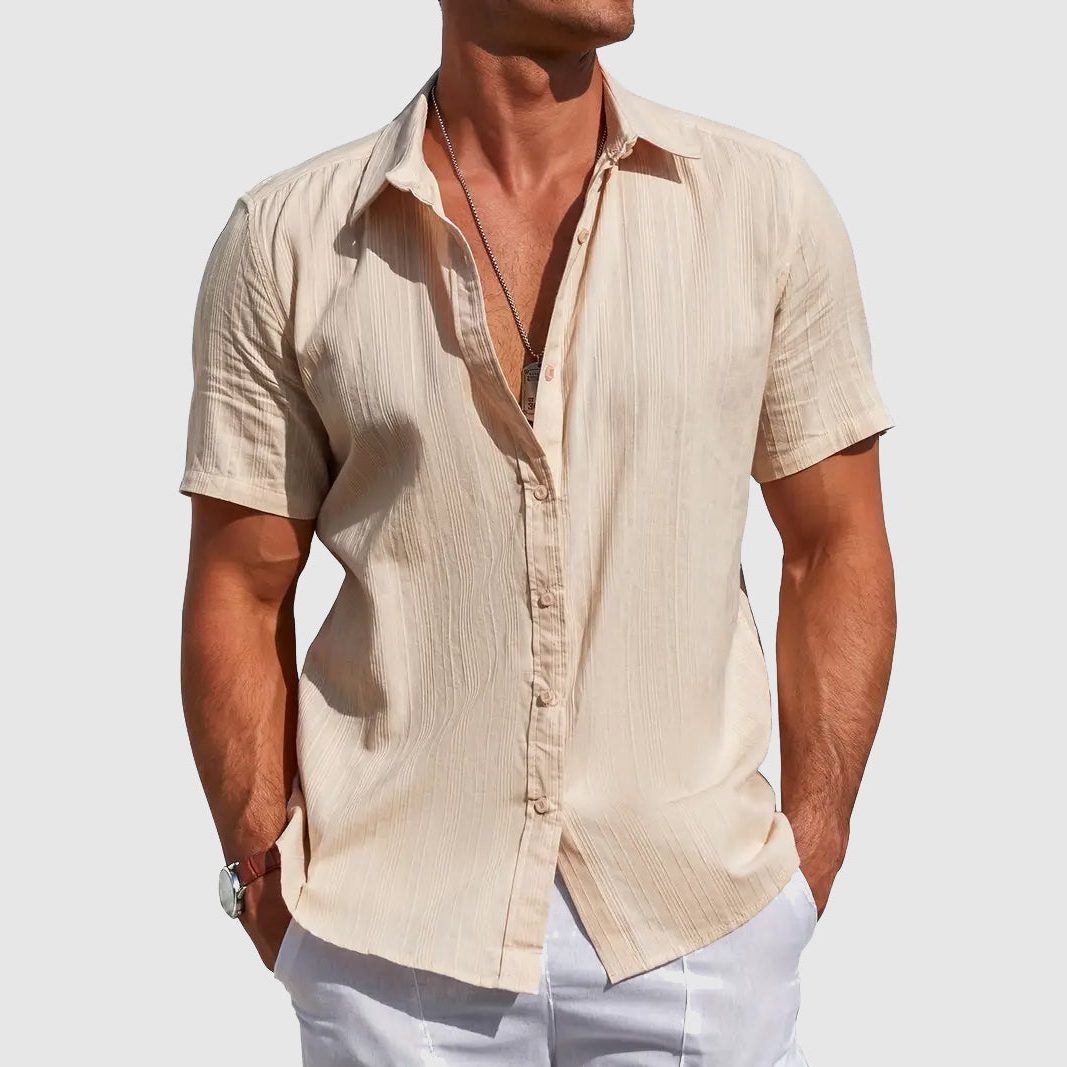 Short Sleeve Button-Down Linen Shirt for Men - Beige