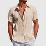 Short Sleeve Button-Down Linen Shirt for Men - Beige