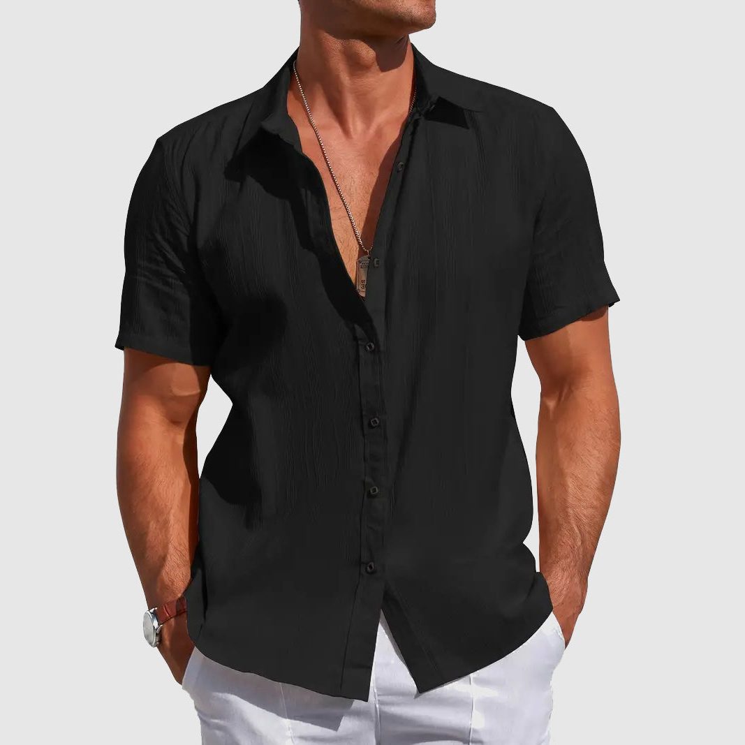 Short Sleeve Button-Down Linen Shirt for Men - Black