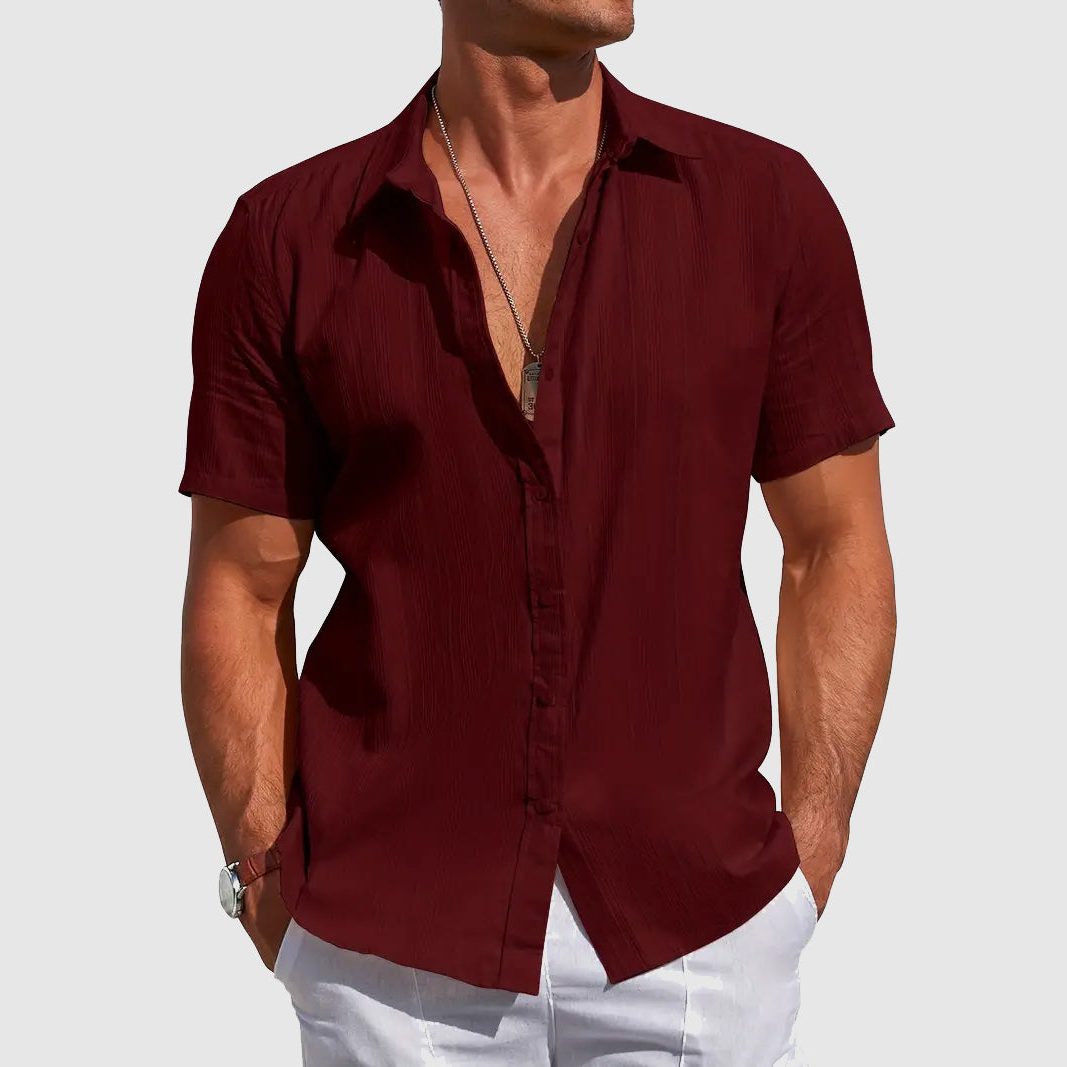 Short Sleeve Button-Down Linen Shirt for Men - Dark Red