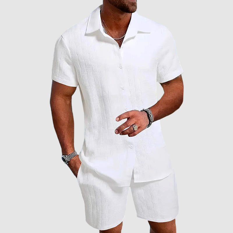 Short Sleeve Button-Down Shirt and Shorts Set for Men - White