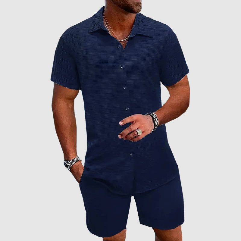 Short Sleeve Button-Down Shirt and Shorts Set for Men - Blue