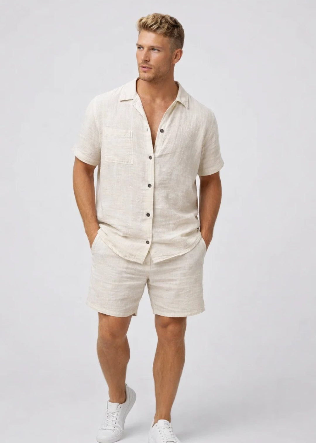 Short Sleeve Linen Button-Down Set for Men
