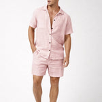 Short Sleeve Linen Button-Down Set for Men - Light Pink