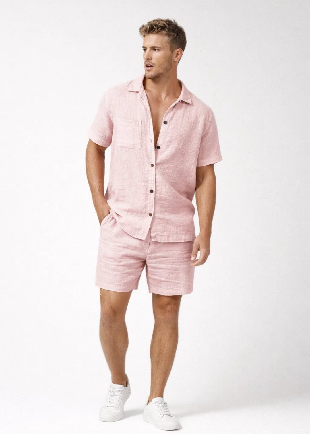 Short Sleeve Linen Button-Down Set for Men - Light Pink