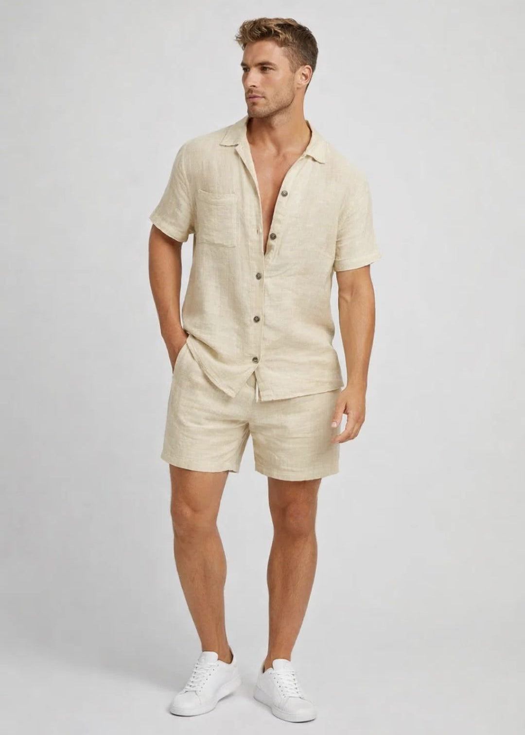 Short Sleeve Linen Button-Down Set for Men - Beige