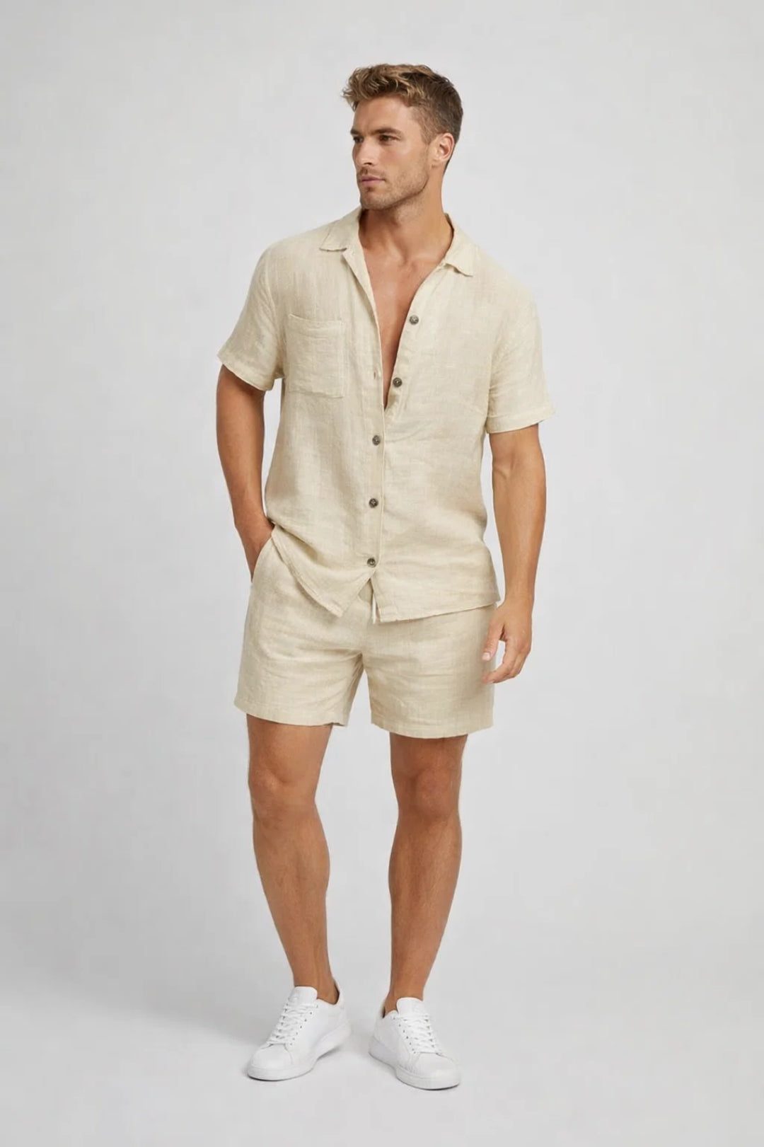 Short Sleeve Linen Button-Down Set for Men - Beige