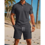 Short Sleeve Polo Drawstring Shorts Set for Men - Dark Gray