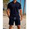Short Sleeve Polo Drawstring Shorts Set for Men - Navy Blue