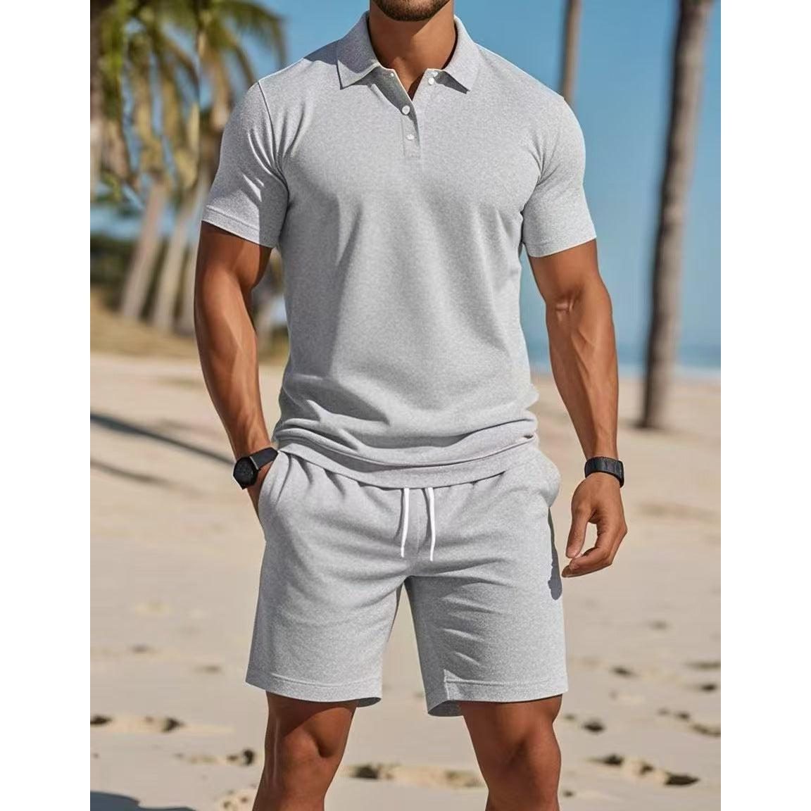 Short Sleeve Polo Drawstring Shorts Set for Men - Light Gray