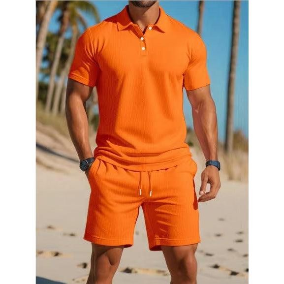 Short Sleeve Polo Drawstring Shorts Set for Men - Orange