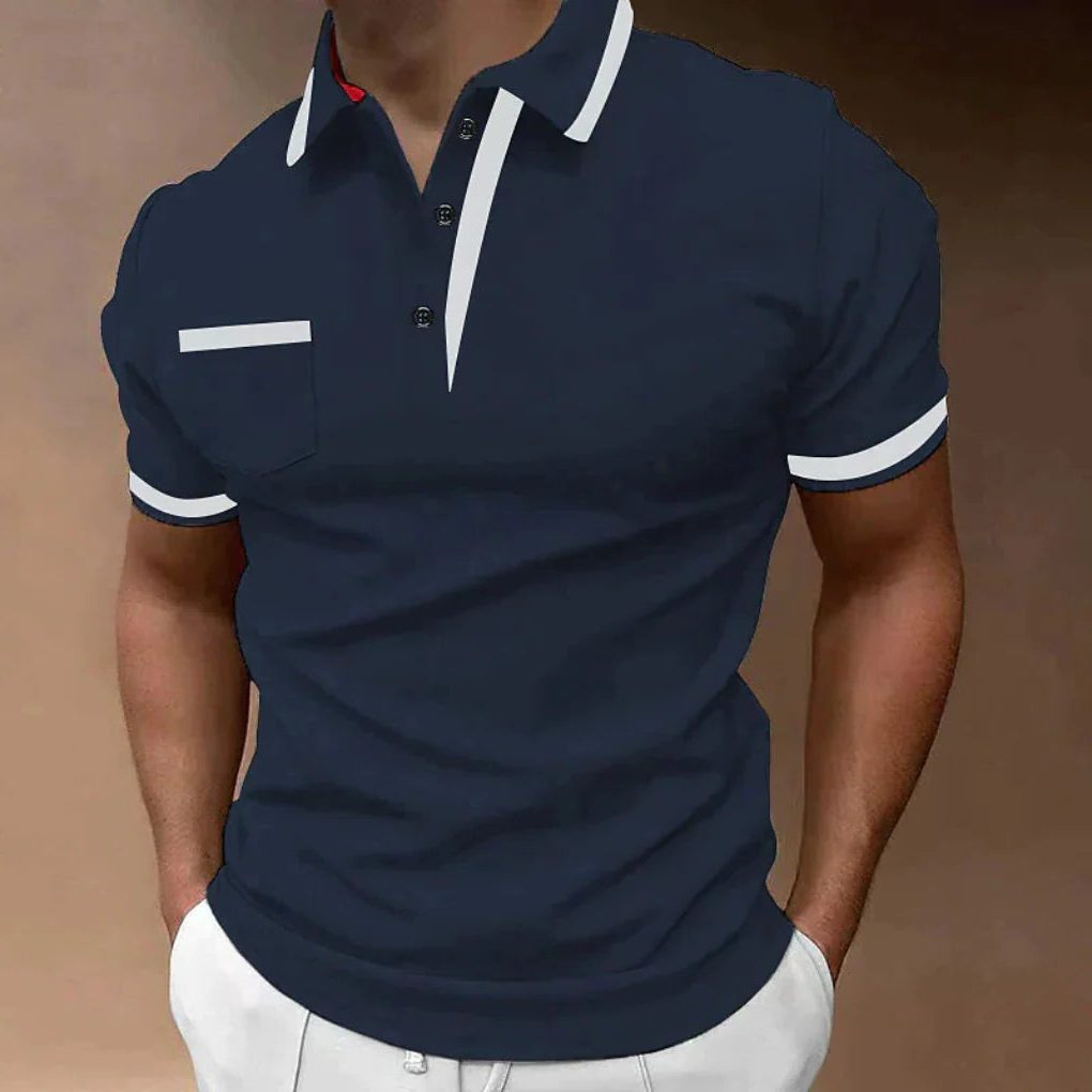 Short-Sleeve Polo Shirt with Contrast Collar for Men - Dark Blue