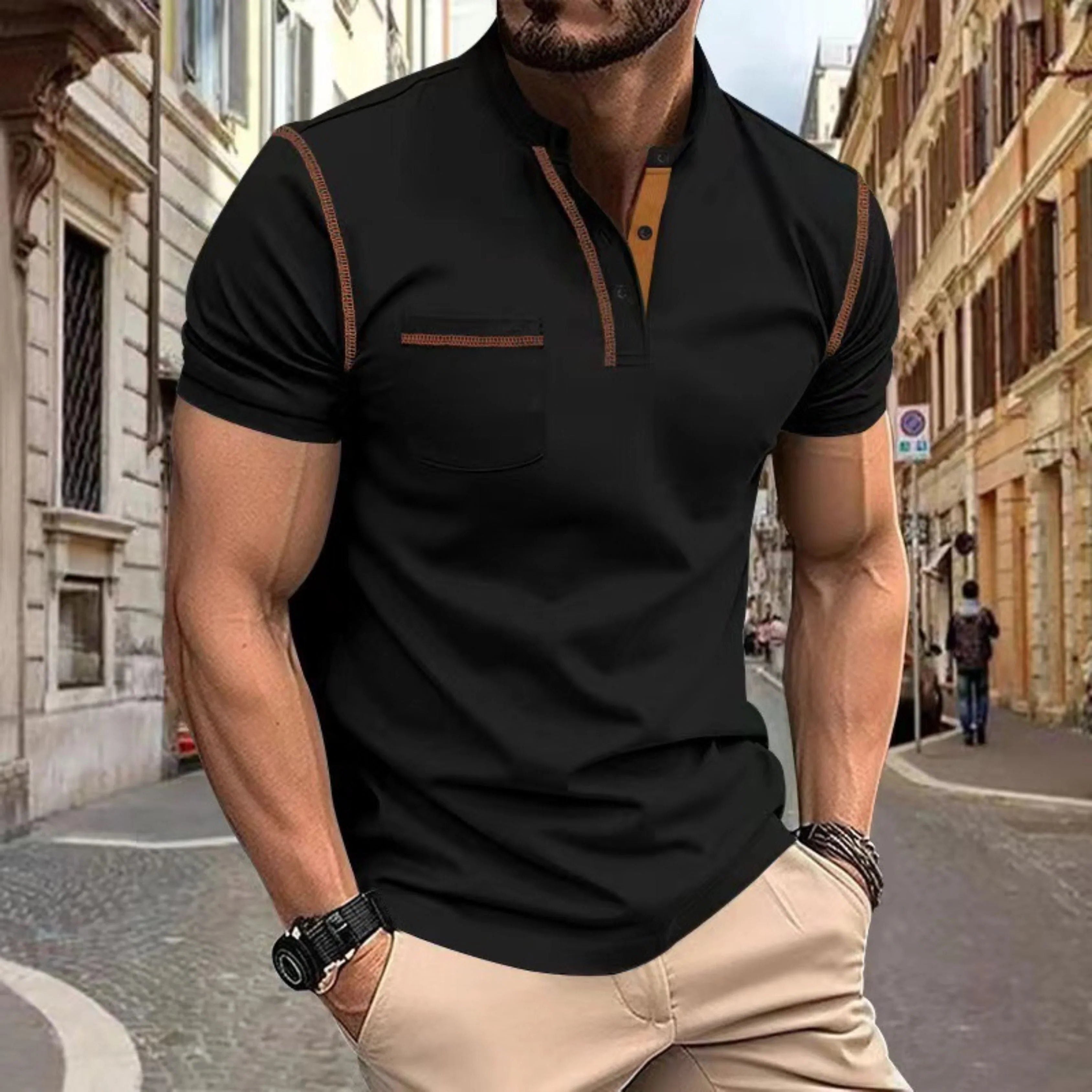 Short Sleeve Polo Shirt with Contrast Stitching for Men - Black
