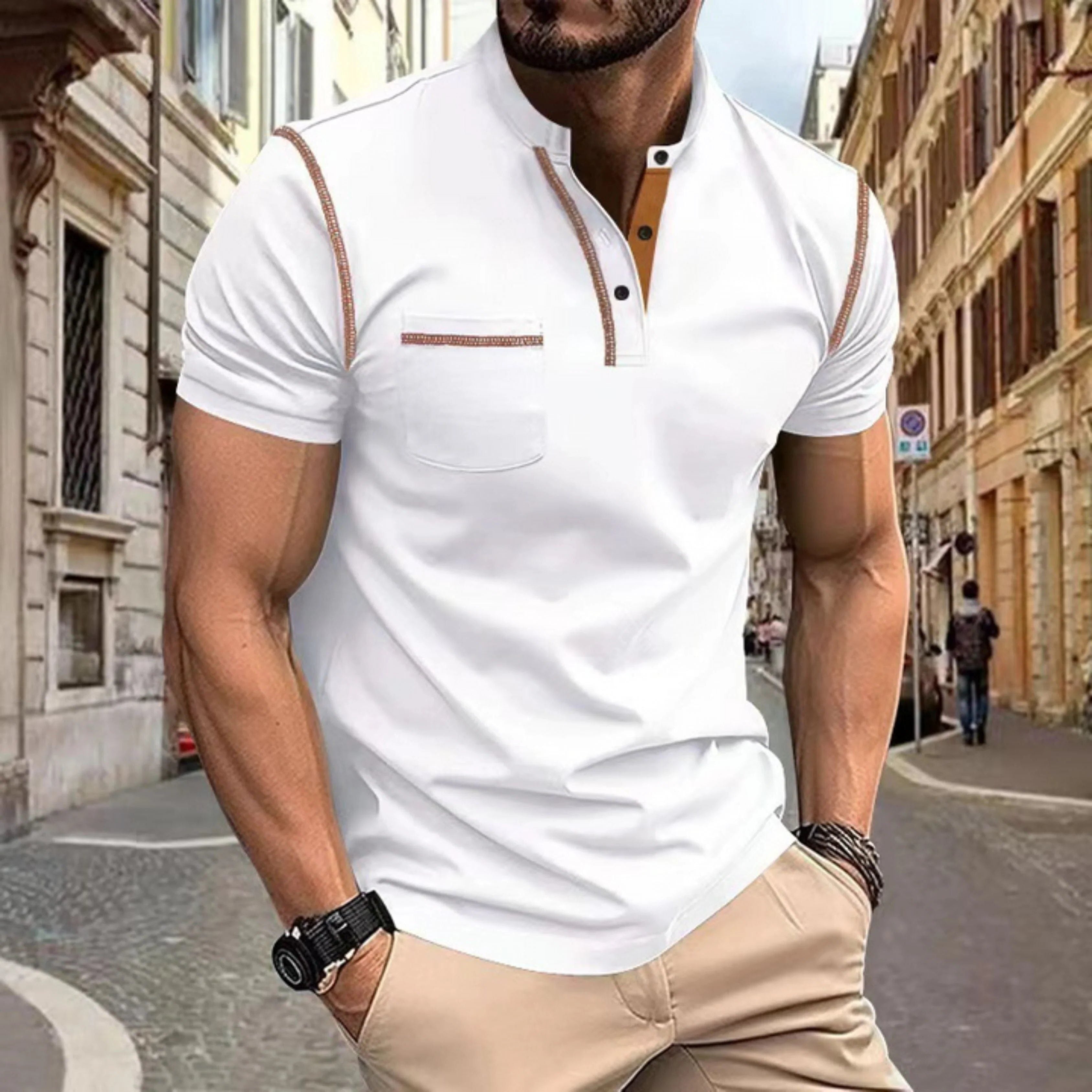 Short Sleeve Polo Shirt with Contrast Stitching for Men - White