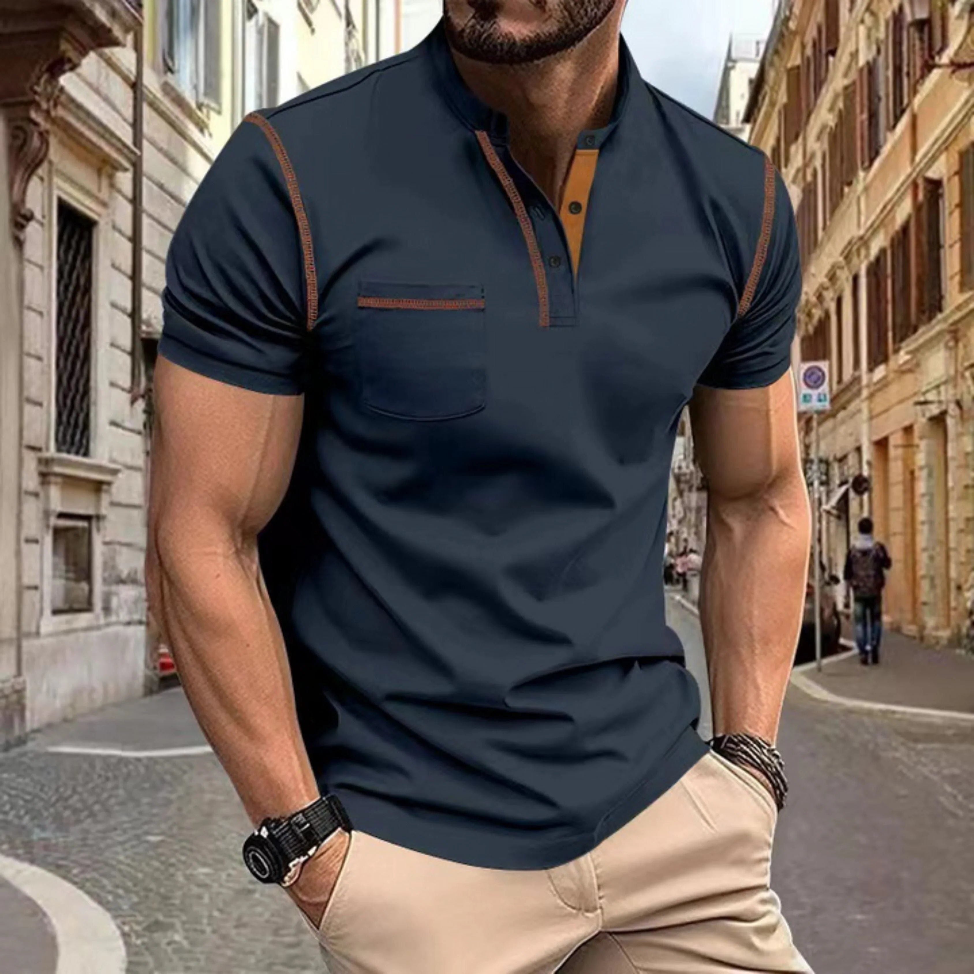 Short Sleeve Polo Shirt with Contrast Stitching for Men - Navy Blue