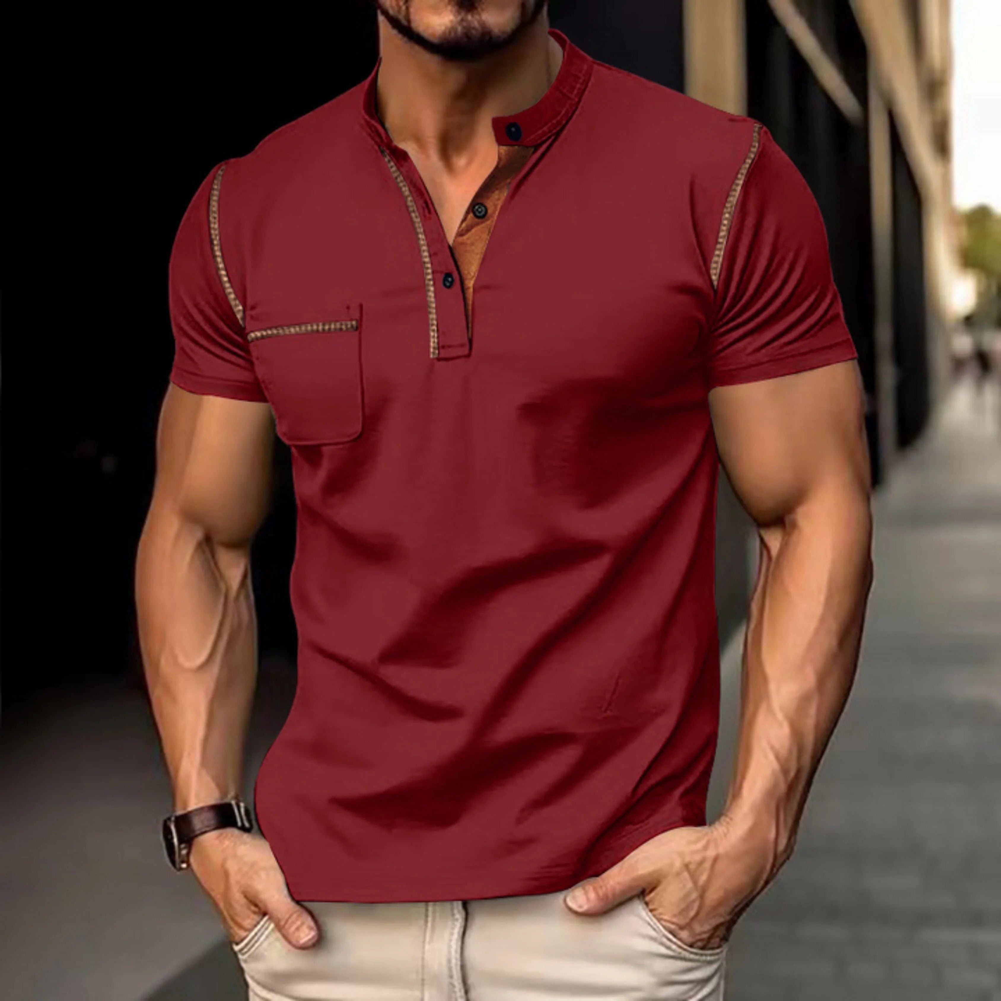 Short Sleeve Polo Shirt with Contrast Stitching for Men - View 8