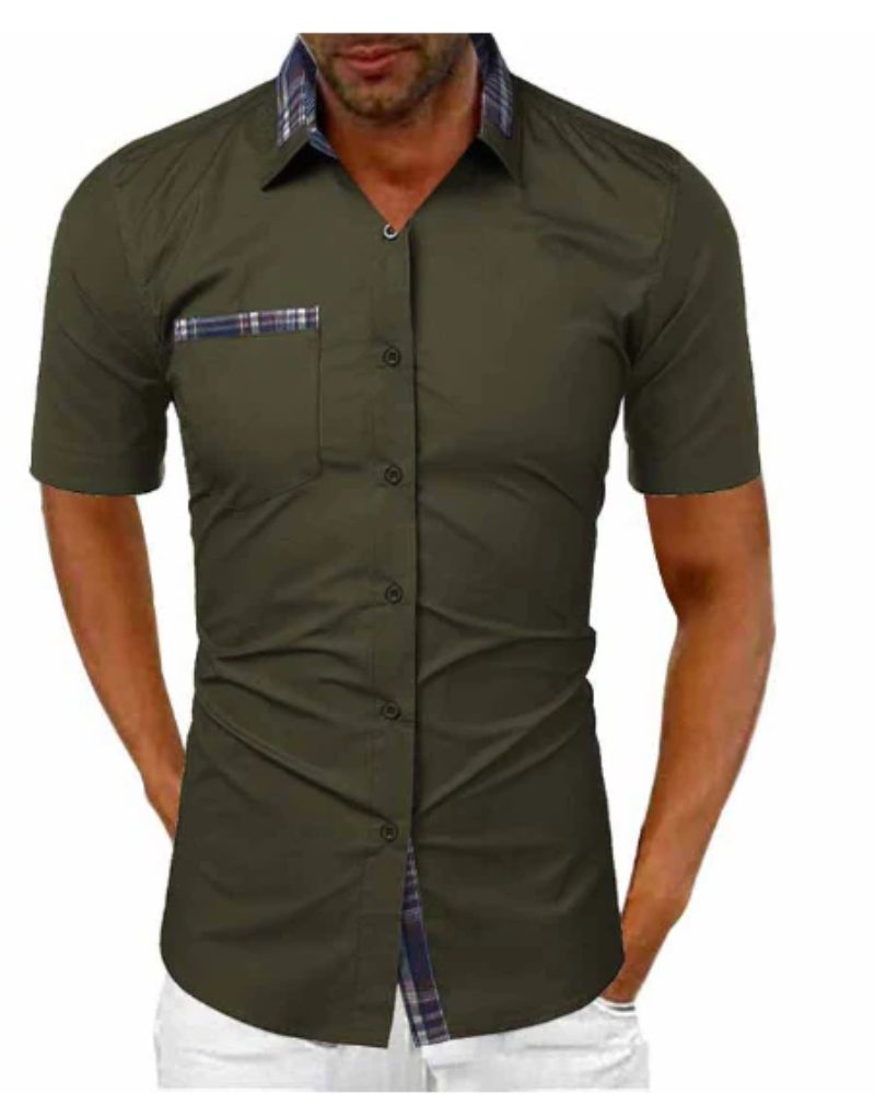 Short Sleeve Stand Collar Button-Down Shirt for Men - Green
