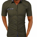 Short Sleeve Stand Collar Button-Down Shirt for Men - Green