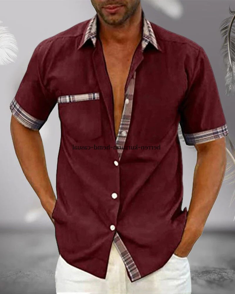 Short Sleeve Stand Collar Button-Down Shirt for Men - Wine Red