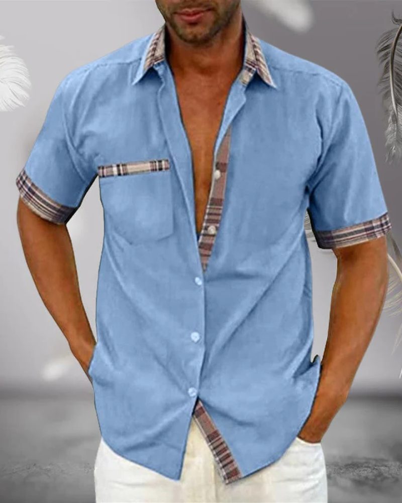 Short Sleeve Stand Collar Button-Down Shirt for Men - Blue