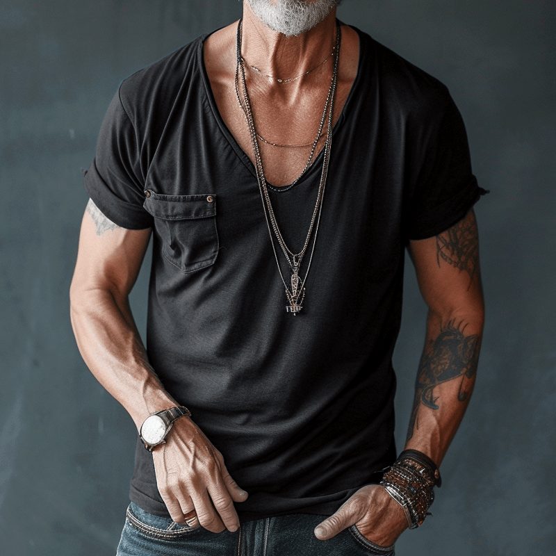 V-Neck Short Sleeve T-Shirt for Men - Black