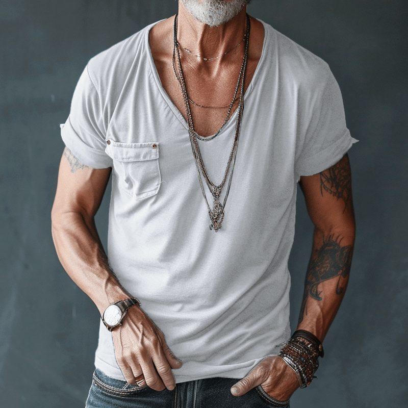V-Neck Short Sleeve T-Shirt for Men - White