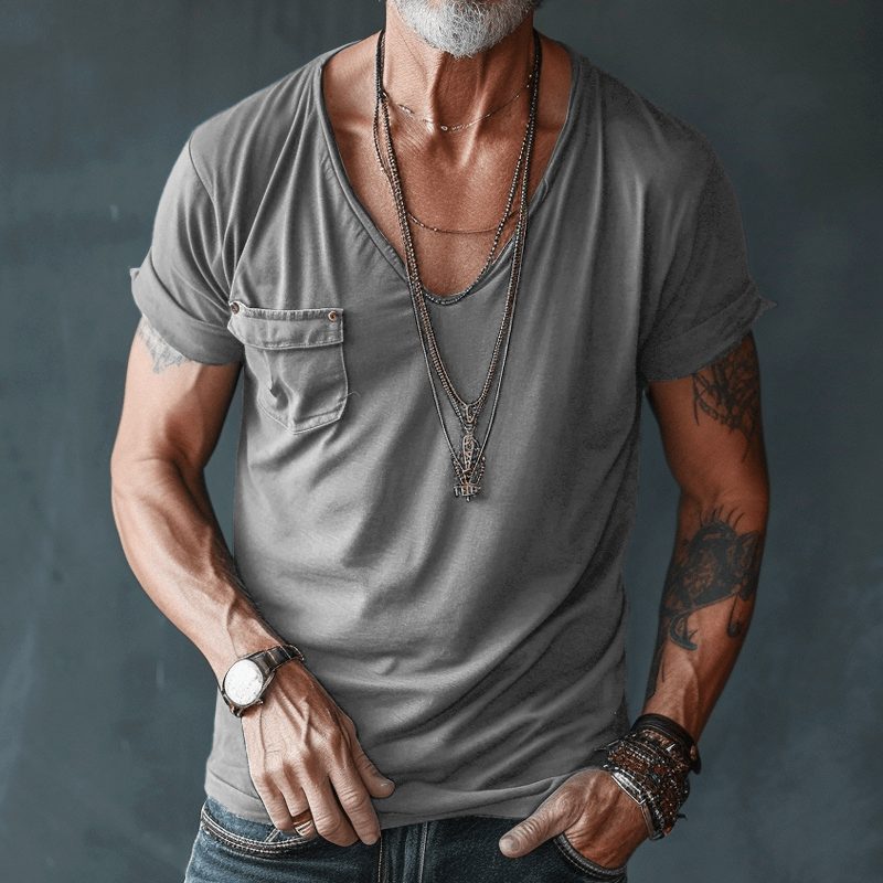 V-Neck Short Sleeve T-Shirt for Men - Gray