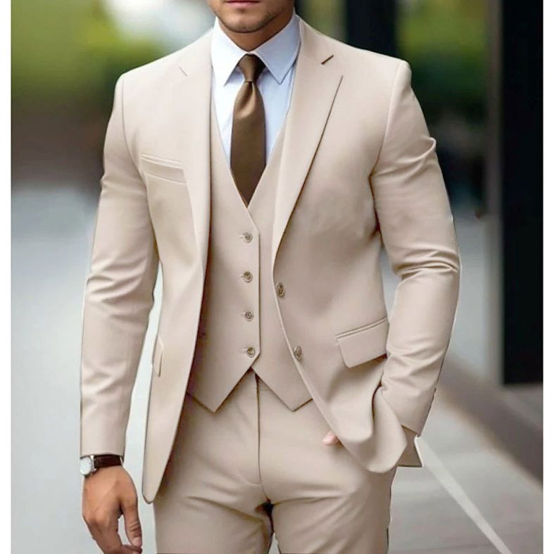 Slim Fit Blazer and Trousers Set for Men - Beige
