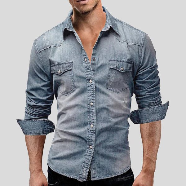 Slim Fit Denim Shirt with Long Sleeves for Men