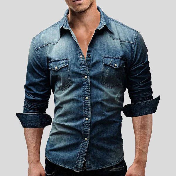 Slim Fit Denim Shirt with Long Sleeves for Men - Dark Blue