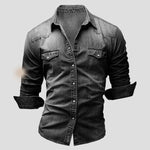 Slim Fit Denim Shirt with Long Sleeves for Men - Black