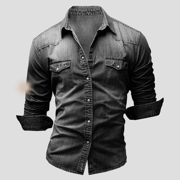 Slim Fit Denim Shirt with Long Sleeves for Men - Black