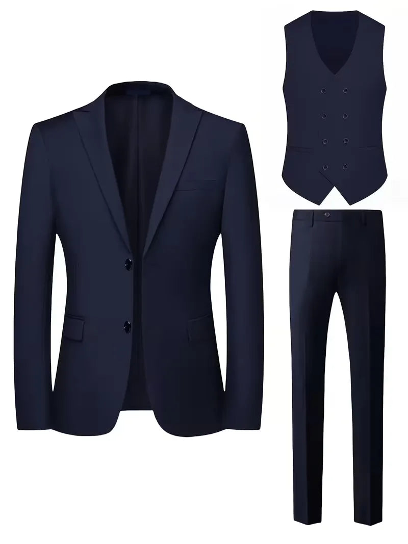 Slim Fit Double-Breasted Three-Piece Suit Set for Men