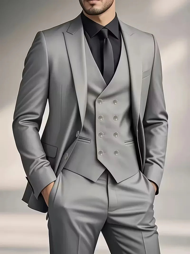Slim Fit Double-Breasted Three-Piece Suit Set for Men
