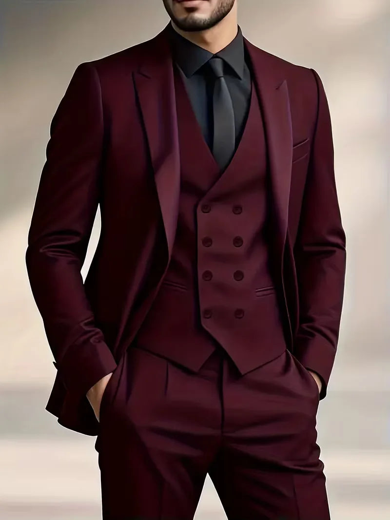 Slim Fit Double-Breasted Three-Piece Suit Set for Men