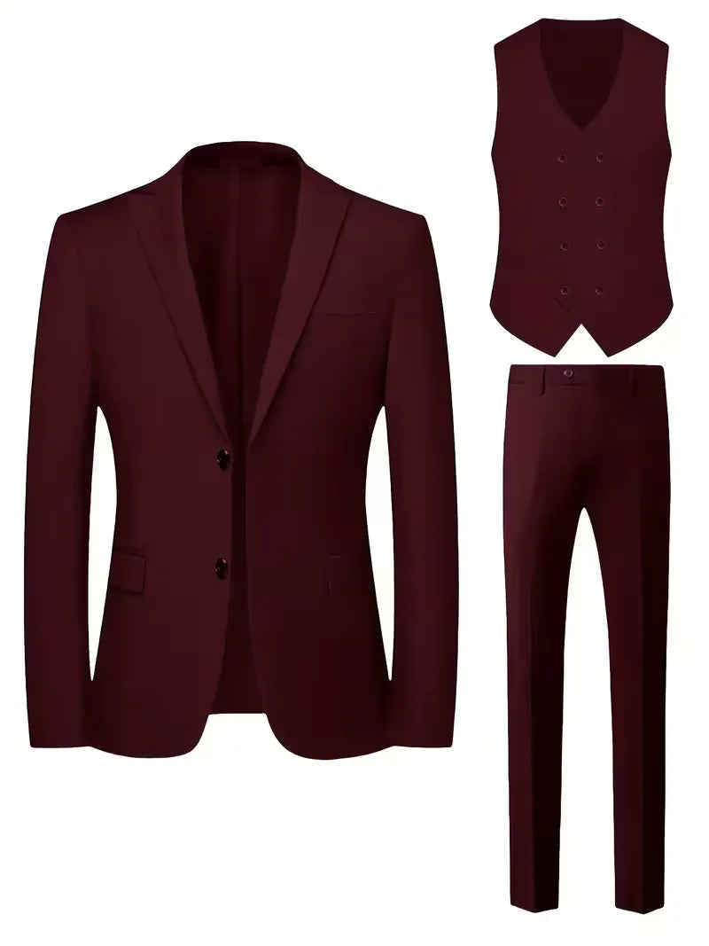 Slim Fit Double-Breasted Three-Piece Suit Set for Men