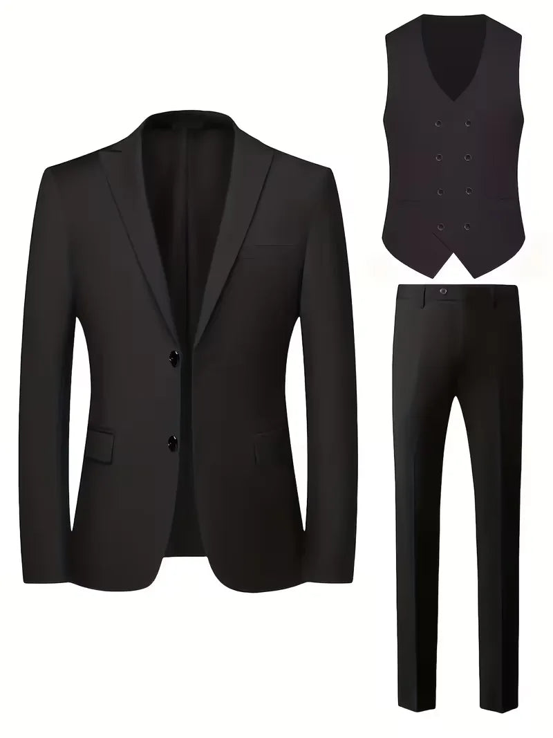 Slim Fit Double-Breasted Three-Piece Suit Set for Men