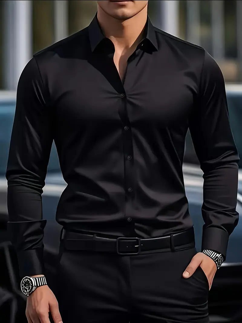 Slim Fit Long Sleeve Button-Down Shirt for Men - Black