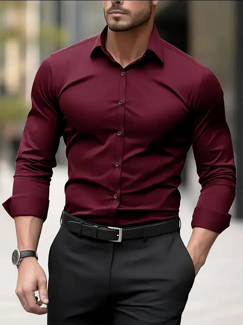 Slim Fit Long Sleeve Button-Down Shirt for Men - Burgundy